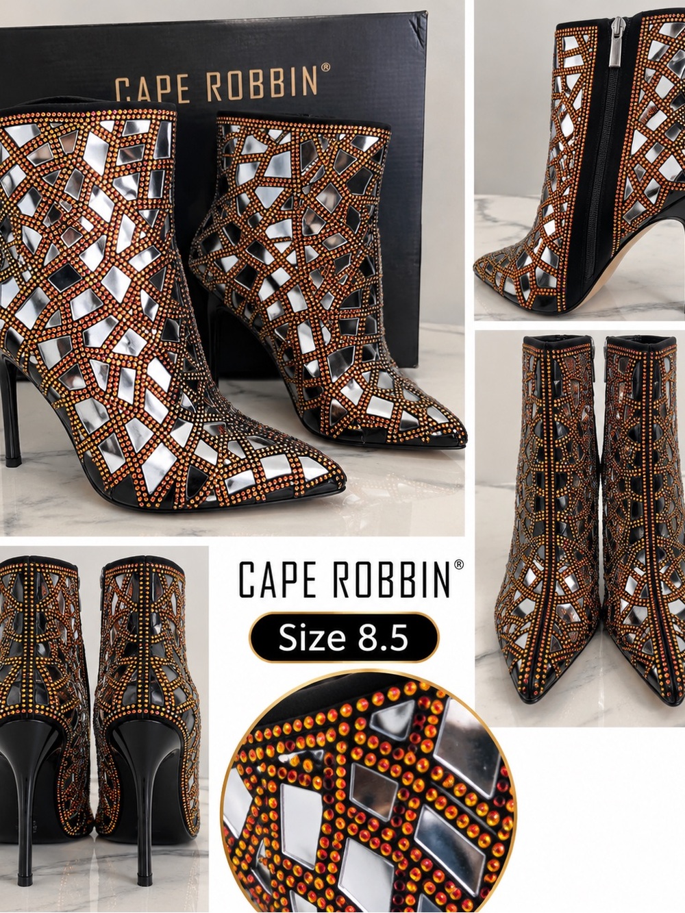 Cape Robbin Black Ankle Boots with Copper Mirror Mosaic